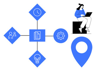 Connected icons of clock, team, gear, document, and lightbulb, with person using laptop. Ideal for workflow, organization, time management brainstorming teamwork project mapping remote work