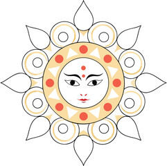 Floral Goddess Face with Blue Eyes and Red Forehead Mark – Symmetrical Cultural Illustration