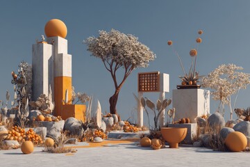 Abstract landscape design with blocks, plants, and orbs