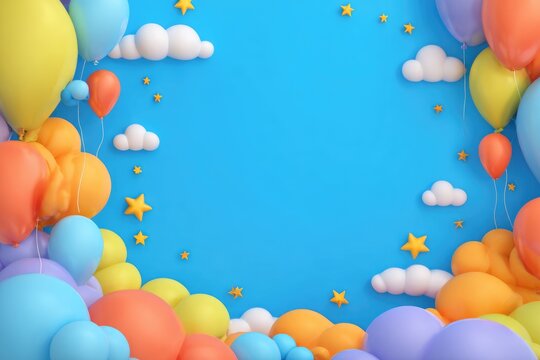 Colorful balloons, clouds, and stars form a playful border on a bright blue background - Powered by Adobe
