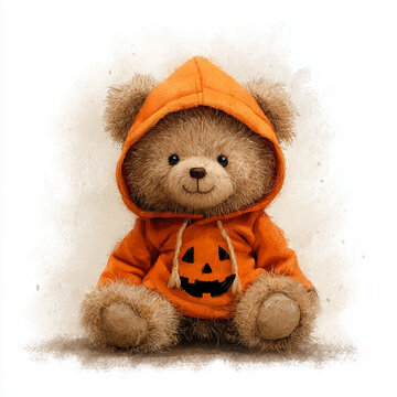 Naklejki Halloween postcard teddy bear in a sweater in the shape of an orange pumpkin.