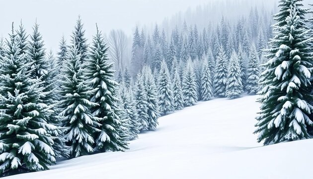Snow dusted fir trees form a lush green border against a snowy winter landscape, photography, green