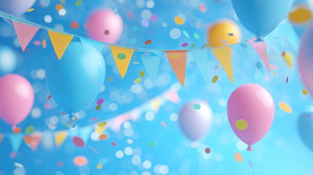 Balloons, streamers, confetti on a light blue background