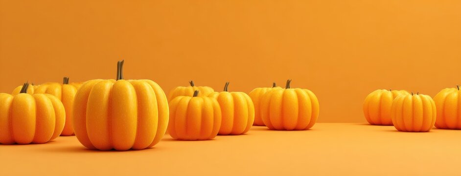 Many small, bright orange pumpkins on an orange background