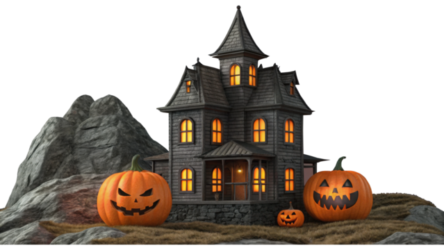 Haunted Halloween Night with Glowing Pumpkins and Spooky House