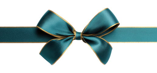 Teal satin bow with elegant gold trim edging isolated on transparent background