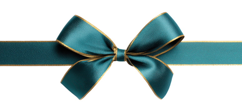 Teal satin bow with elegant gold trim edging isolated on transparent background