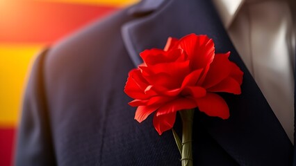 A red carnation on a blue velvet jacket, bathed in golden light, embodying the spirit of Spain National Day.