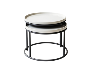 modern round stackable nesting tables with black metal frame and white tops isolated on transparent background for interior furniture concept
