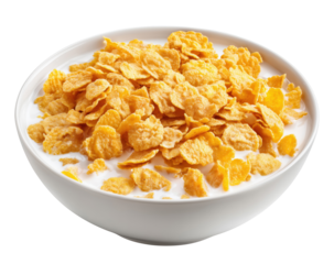 Golden cornflakes breakfast cereal in white bowl with milk isolated on transparent background