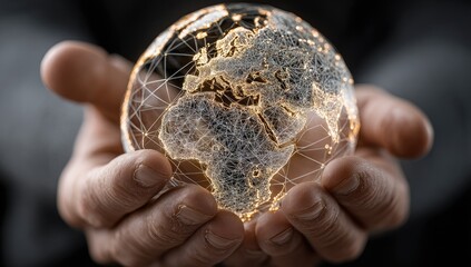 Hands cradling a glowing, detailed globe.  A digital representation of the Earth, with continents and network connections visible, is held gently within two hands
