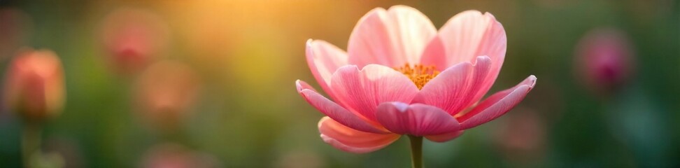 Fototapeta premium Close-up of a gently blooming flower, petals soft and delicate, sunlight filtering through, conveying a sense of quiet, imaginative tenderness , innocence, ethereal
