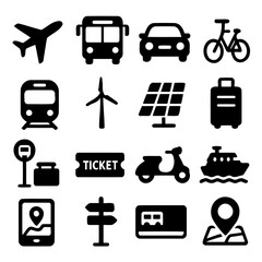 Transport Icons: A set of meticulously crafted silhouette icons representing various modes of transport, ideal for navigation apps, travel guides, and transportation-themed design projects. 