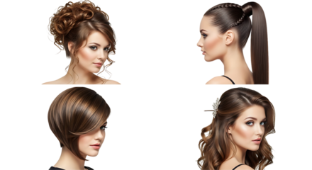 Collage showcasing four distinct hairstyles on models