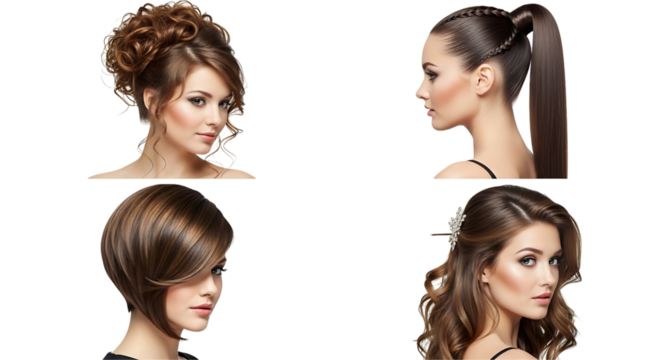 Collage showcasing four distinct hairstyles on models