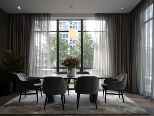 Fototapeta premium Modern dining area with large windows and grey furnishings.