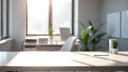 Minimalist office desk bathed in morning sunlight, emphasizing a clean and productive workspace.