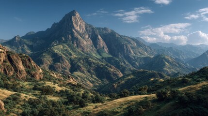 Obraz premium Majestic rocky mountain peak shrouded in lush greenery and vibrant sky view