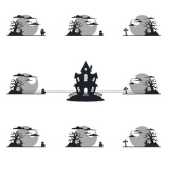 Obraz premium Pixel Art Style Halloween Landscape Featuring Full Moon Haunted House Trees and Tombstones in Grayscale