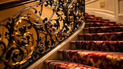 Elegant Ornate Staircase with Decorative Railing and Red Pattern Carpet