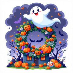 Whimsical Halloween Ghost with Pumpkins and Spooky Wreath