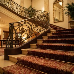Grand Hotel Staircase with Ornate Banister and Red Patterned Carpet