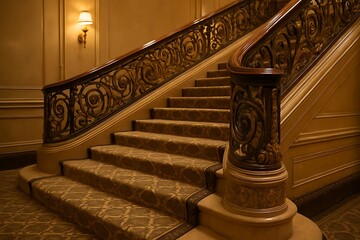 Classic Interior Staircase with Decorative Banister and Carpet Runner