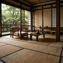 Fototapeta premium This traditional Asian tea room emphasizes harmony with nature, offering Japanese-style tatami mats and tea. Simple furniture and a small table are provided for enjoying tea.