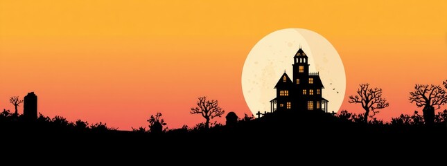 Naklejka premium Silhouette of a haunted house at sunset