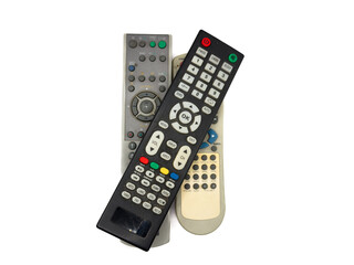 White male hand on white background presses buttons on TV remote control, man switches TV channels with remote control, for banners, for TV advertising. Copy space, flay lay, top view. High quality ph