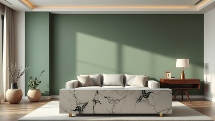 Contemporary living space with a muted green accent wall and abstract marble-textured furniture.