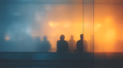 Blur Interior Startup pitch lounge shot from behind a semi-transparent LED backdrop showing ghosted investor silhouettes, warm golden and cool blue palette