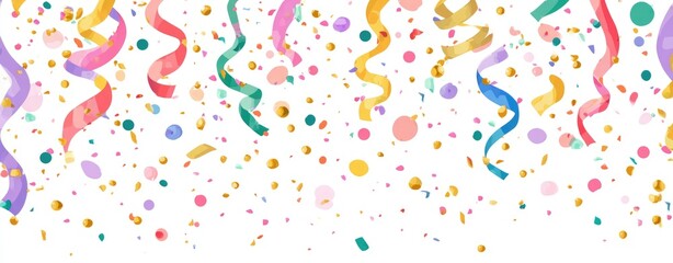 Colorful confetti and streamers on white background