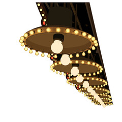 Illuminated String of Light Bulbs on Dark Ceiling in Retro Style with Amber Glow and Geometric Pattern Design Element Decoration