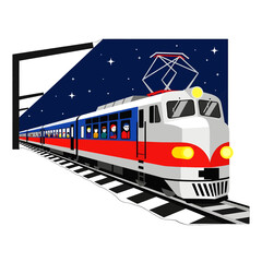 Pixel Art of a Red and White Train on a Railroad Track at Night with Passengers Stars and Dark Blue Sky
