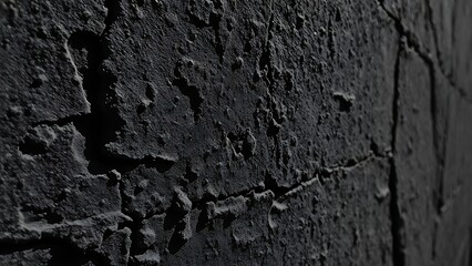 Naklejka premium Close-up of a textured dark concrete wall with rough patterns and natural shadows, highlighting macro details.