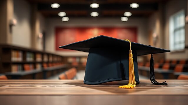 Graduation cap placed on a wooden surface with a subtle academic atmosphere.