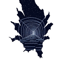 Abstract Geometric Pattern with Radial Lines and Tunnel Effect in Dark Blue and White on White Backdrop