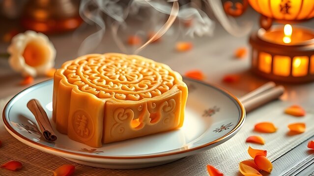 Traditional mooncake on porcelain plate with cinnamon sticks and chrysanthemum petals, golden lighting.