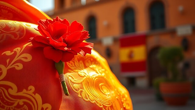 Red carnation on a golden-threaded shawl, embodying Spanish cultural richness and elegance.