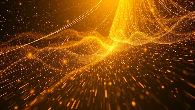 Thin metal sheets lifted by celestial golden photonic winds in space.