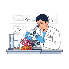 Scientist in White Coat Examining Coral Under Microscope in Laboratory Setting with Glassware and Medical Equipment for Marine Biology Research