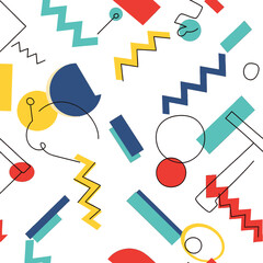 Abstract Geometric Seamless Pattern with Circles Rectangles and Zigzags in Yellow Blue Red and Teal on White Background