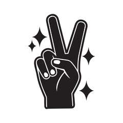 A black and white vector illustration of a stylized hand making a peace sign.
