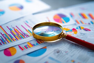 Magnifying glass over colorful charts and graphs