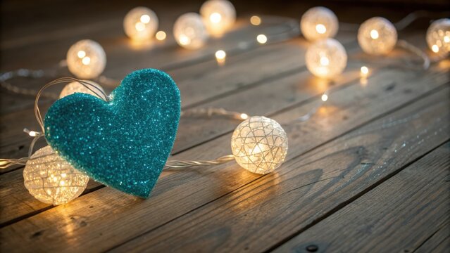 Cozy teal knitted heart adorned with warm white string lights on rustic wooden surface