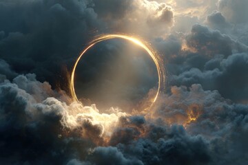 Golden ring eclipse through ominous clouds