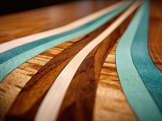 Close-up of a wood cutting board with inlaid turquoise and cream colored stripes