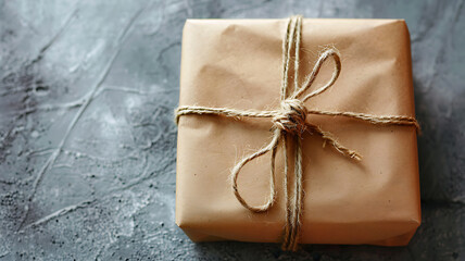 Wrapped Package with Natural Twine on Textured Surface, Simple Presentation for Giving, Parcel Delivery.