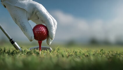 Golfing hand placing a red ball on a tee